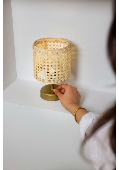 Hazeran & Rattan Masa Üstü Kablosuz Pilli Abajur Masa Lambası Eskitme Gold