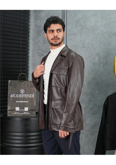 Modefendi Torba Cep Kemer Detaylı Deri Mont Kahverengi