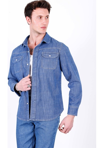 Erkek Açık Mavi Likralı Denim Regular Kalıp Düğmeli Kot Gömlek John-3020 Açik Mavi