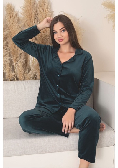 Kırmızı Renk Boydan Düğmeli Kadın Kadife Pijama Takımı Yeşil