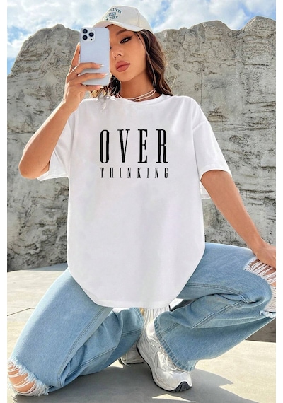 Uyguntarz Unisex Over Thinking Baskılı Tasarım Tshirt Beyaz