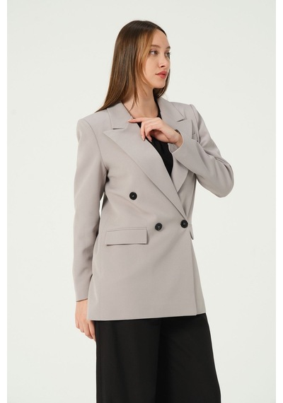 Gri Regular Astarlı Kruvaze Kapama Dokuma Blazer Ceket 001