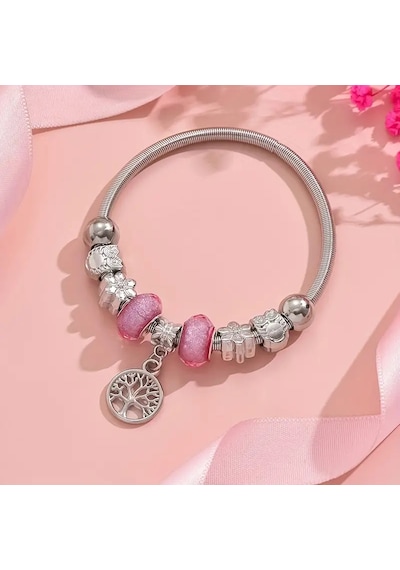 Hayat Ağacı, Pembe Charmlı Bileklik, Ahşap Kutu