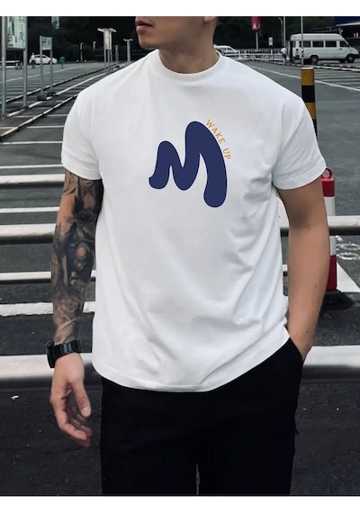 Unisex Pamuklu Wake Up Ön Baskılı Tasarım Tshirt Beyaz