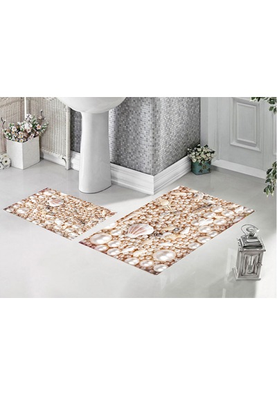 Çakıltaşı Desenli 2'li Banyo Paspası Banyo Halısı 100 Cm X 60 Cm Ve 60x40 Cm Bej - Krem