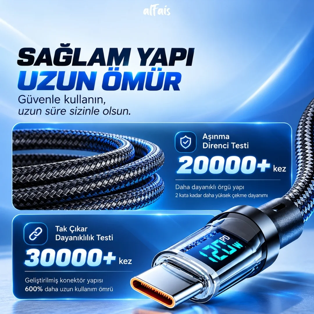 Usb Type C Hızlı Telefon Data Şarj Kablosu Led Ekranlı Dijital 120w Veri Kablosu 1 Metre