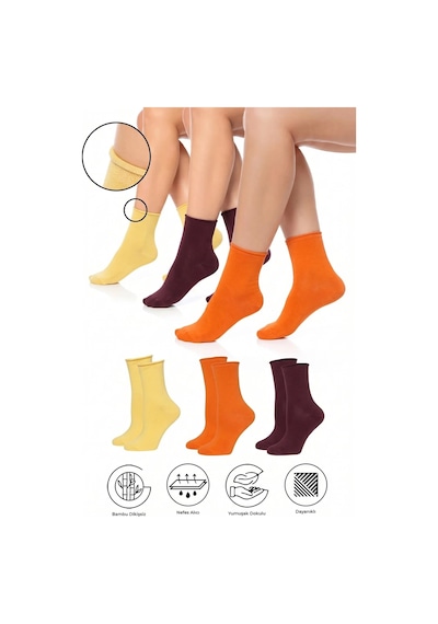 Saysez Bambu Kadın Lastiksiz Bordo-turuncu-sarı Soket Dikişsiz Premium Çorap 3'lü Paket / İz Bırakmaz / Sıkmayan Çorap Çok Renkli