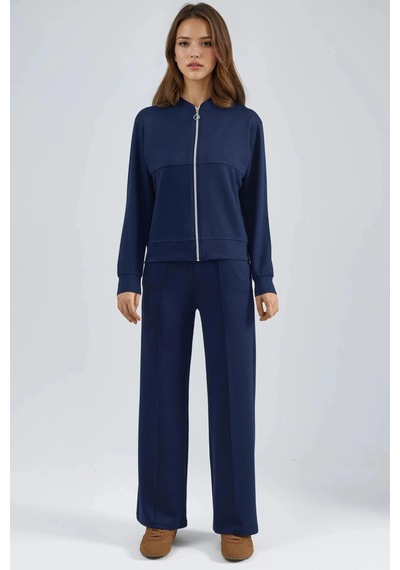 Fiolin Modal Dokulu Fermuarlı Sweatshirt & Nervürlü Pantolon Takımı Lacivert