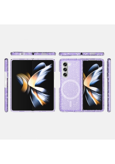 Samsung Galaxy Uyumlu Z Fold 6 Kılıf Magsafe Şarj Özellikli Simli Sert Şeffaf Allstar Kapak Mor