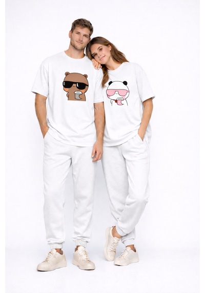 Nevermınd Sevgili Kombini Panda Bardak Baskılı Çift Tişört Oversize Unisex Partner Kombin Çift Seti Beyaz Beyaz