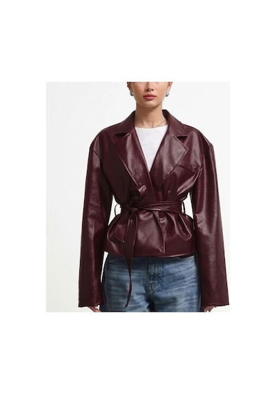 Laleli Butik Yeni Sezon Kruvaze Kuşaklı Düğmeli Deri Ceket Bordo&burgundy Bordo&Burgundy
