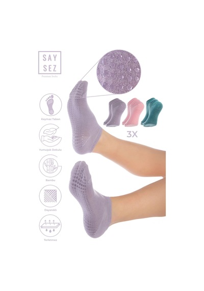 Saysez Bambu Kadın Kaydırmaz Taban Pembe-lila-su Yeşili Silikon Pilates Yoga Fitness Aktivite Patik 3'lü Renkli