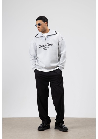 Vamos Oversize Fermuarlı Yaka Sweatshirt Açık Gri