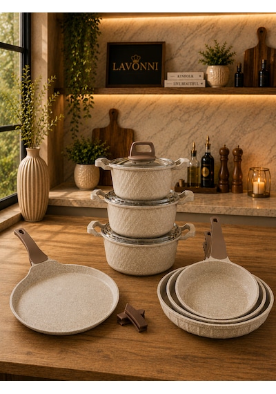 Obsidyen Complete Set 10 Parça Döküm Granit Tencere, Tava Ve Krep Tava Seti 16-18-20 Cm Derin Tencere 20-24-28 Cm Tava 28 Cm Krep Tava Cappuccino Kahverengi
