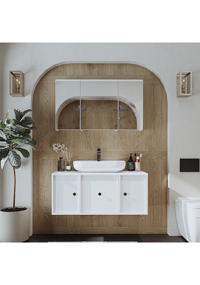 Lavabolu Mat Mdf 105 Cm Çekmeceli Banyo Dolabı + Aynalı Dolap Mat Beyaz