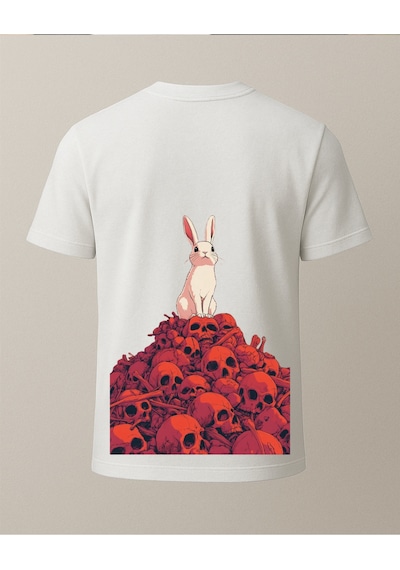 Kedi Ve Hayalet Baskılı T-shirt Beyaz