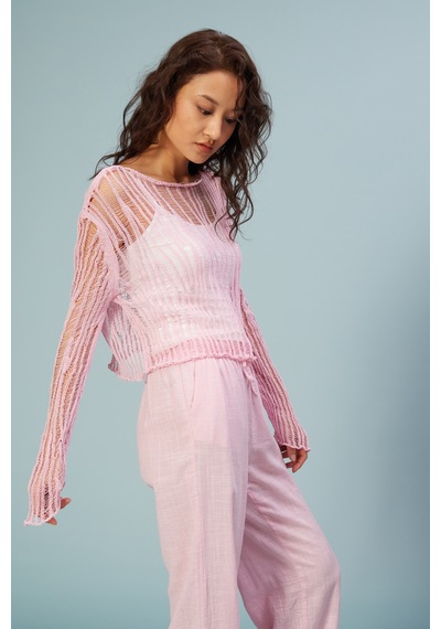 Nisan Ajurlu Triko Bluz Pembe