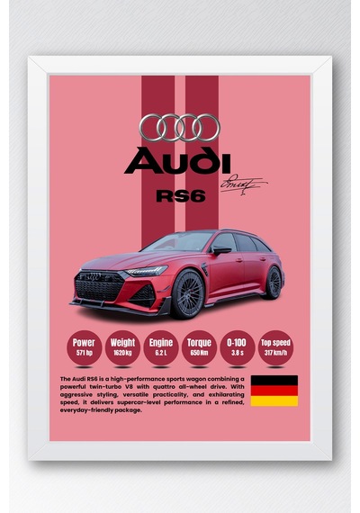 Audi Rs6 Premium Spor Araba Çerçeveli Tablo - Teknik Özellikli Otomobil Sever Duvar Dekoru Beyaz