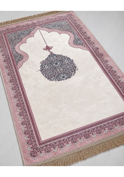 Mihrap Desenli İnce Kadife Seccade İpeksi Dokulu Pembe