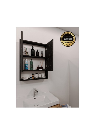 Lotus Banyo Dolabı Aynalı Raflı Kapaklı Siyah Lotus Banyo Dolabı Aynalı Raflı Kapaklı Siyah