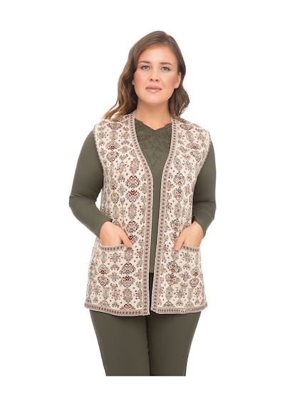 Uludağ Triko Kadın Çiçek Desen Kilim Yelek / Taş