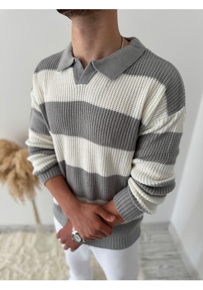 Say-Has Fashion Rahat Kalıp Erkek Polo Yaka Çizgili Triko Kazak Gri