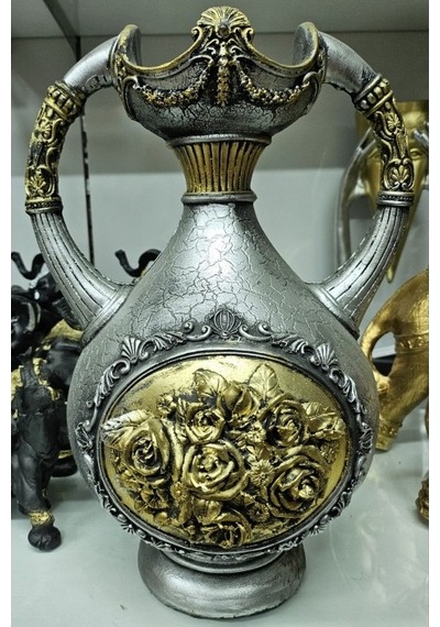Altın Renk Varaklı Çicek Kabartmalı Gümüş Vazo