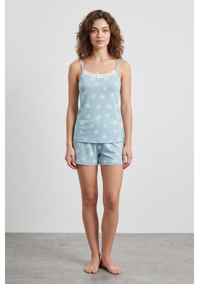 Fullamoda Çiçek Desenli Askılı Şortlu Pijama Takımı Mint