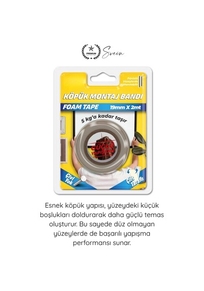 Köpükbant 5 Kg Çift Taraflı Köpük Montaj Bandı 19mm 2 Metre Güçlü Yapışkan Duvar Bant Beyaz Çerçeve Standart