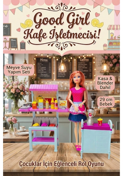 Good Girl Kafe İşletmecisi Meyve Suyu Standı Ve Aksesuarlı Oyuncak Bebek Seti 29 Cm