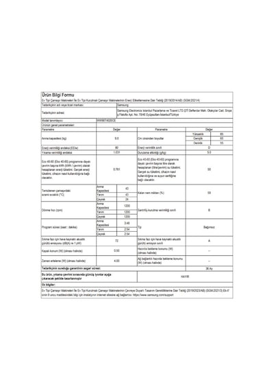 Samsung WW4000T WW90T4020CE/AH 1200 Devir 9 KG Çamaşır Makinesi