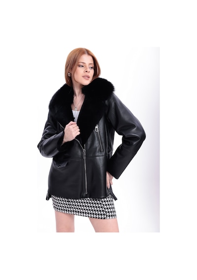 M M Marki Marki Hakiki Deri Kadın Mont Siyah İçi Kürklü Fermuarlı Regular Fit 67 Cm Kürklü Yaka - 119722