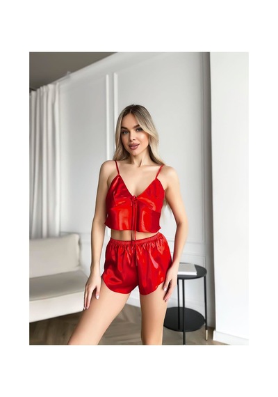 İkikareshop Kırmızı İnce Askılı Saten Şortlu Takım Çok Renkli