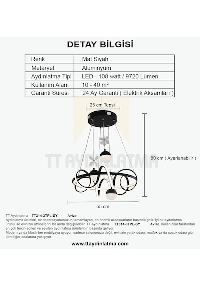 Tt314-3tpl-sy Tt Ayd Büyük Sarmal Modeli Mat Siyah Led Avize Siyah