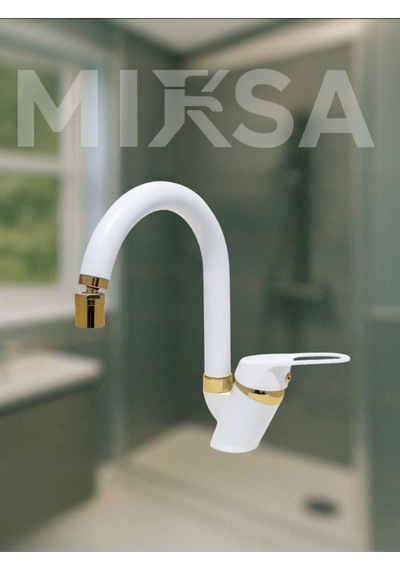 Lüx Beyaz-gold Baston Borulu Oynar Başlıklı Perlatörlü Banyo Lavabo Bataryası, Çiftsugirişli