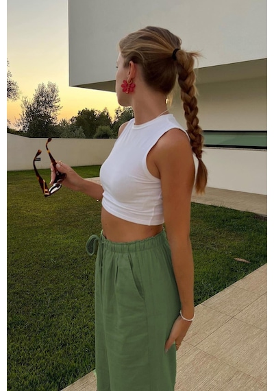 Madmext Haki Beli Büzgülü Wide Leg Kumaş Pantolon Mg1950 Haki