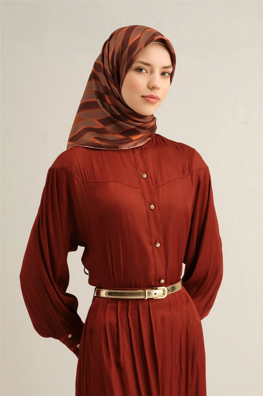 Armine Geometrik Desenli Saf İpek Twill Eşarp 9325d 24 KAhverengi