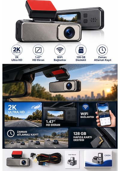 2k Ultra Hd Wifi Araç Kamerası 1.47 İnç Hd Ekran, Zaman Atlamalı Kayıt, Özel Araç Güç Bağlantı Seti-15119