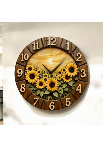 AA Shop 2d Ayçiçeği Desenli Renkli Baskı Sayılı Hediyelik Ahşap Sessiz Duvar Saati 50cm ÇOk Renkli