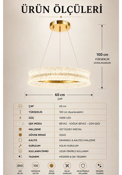 Modern Premıum Sarkıt Avize Gold Kasa Üç Renk Led Taşlı Lüx Avize 140w