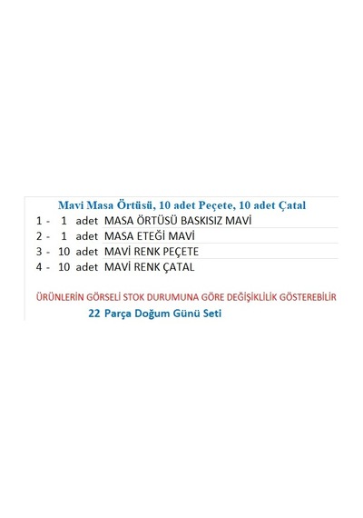 Mavi Masa Örtüsü, Mavi Masa Eteği, 10 Adet Peçete, 10 Adet Çatal