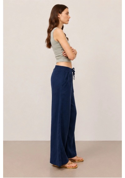 Dıanna Kadın Beli Lastikli Wide Leg Müslin Pantolon %100 Pamuk Geniş Bol Paça Rahat Ofis & Günlük Stil Lacivert