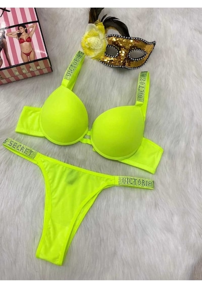 V. Secret Yazılı Taşlı Destekli Sütyen Takım Neon Yeşili