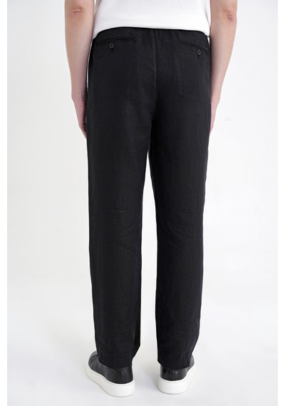Oversize Kalıp Yan Cep Beli Lastikli Siyah Keten Pantolon P 1216