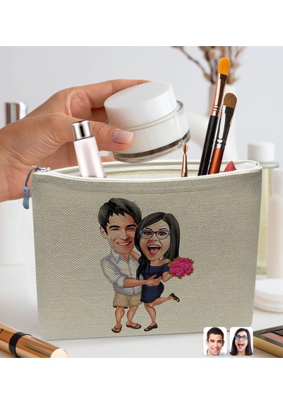 Bk Gift Kişiye Özel Sevgililer Karikatürlü Keten Makyaj Çantası, Sevgiliye Hediye, Arkadaşa Hediye, Sevgililer Günü Hediyesi, Doğum Günü Hediyesi-3