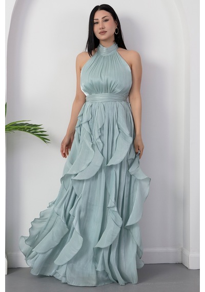 Kalopya Halter Yaka Eteği Fırfırlı Saten Elbise Eli6073 Mint
