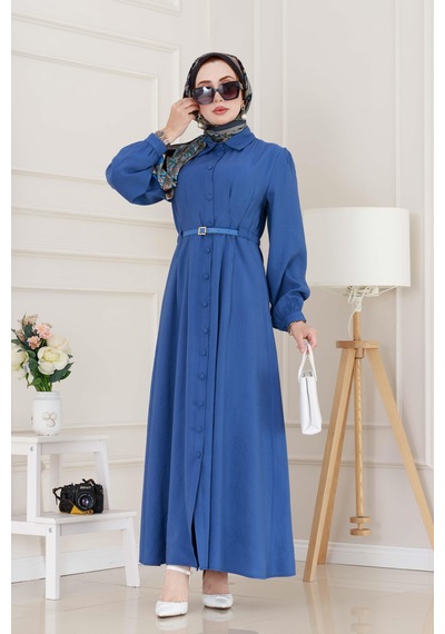 Sevitli Kemerli Tensel Elbise-indigo-5040 İndigo