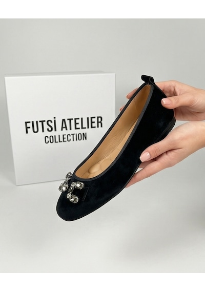 Futsishoes Mıstral Siyah Süet Hakiki Deri Taş Tokalı Kadın Babet Ayakkabı