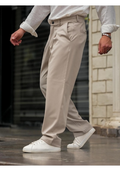Erkek Pileli Klasik Baggy Pantolon Bej