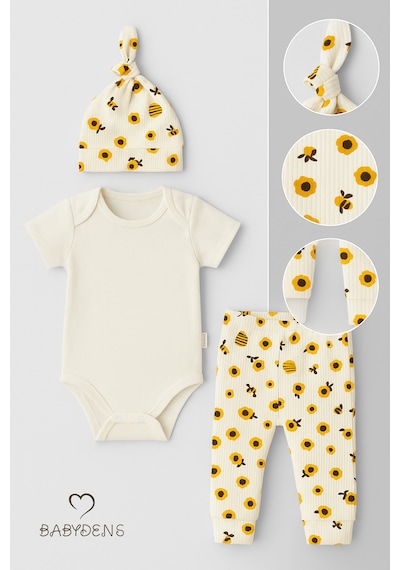 Babyden's Arı Desenli Bebek Takımı Pamuklu Kısa Kol Body Pantolon Ve Şapka Seti Yenidoğan Kız Erkek Bebek Alt Üst Takım Ekru